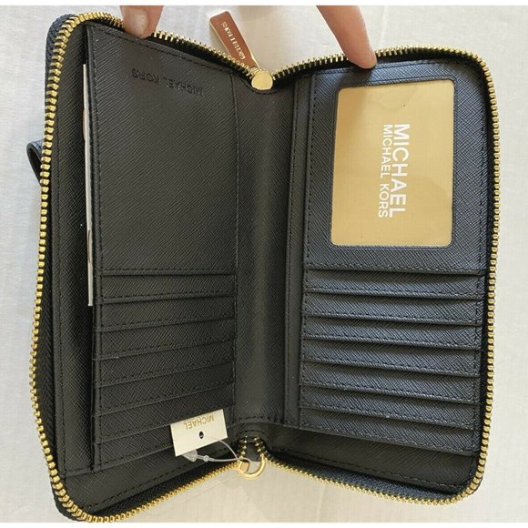 New Michael Kors Jet Set Travel Zip Around Phone Holder Wallet Black with Gold - Picture 6 of 7